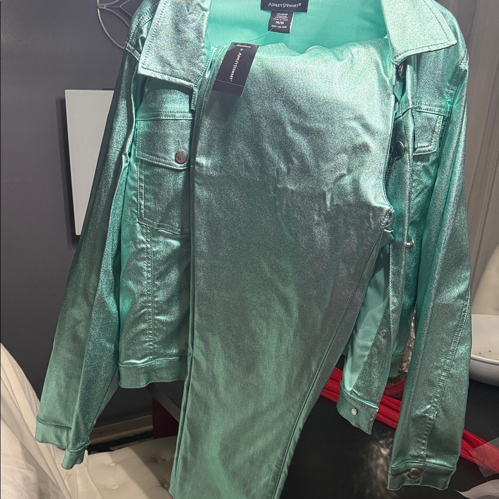 Ashley Stewart Shimmering Teal Jean Jacket - Picture 6 of 7